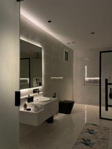 a bathroom with a sink and a toilet and a mirror at شاليه اند هوم in Hail +26 photos