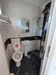 a small bathroom with a toilet and a sink at Lazarov Apartments in Nov Dojran