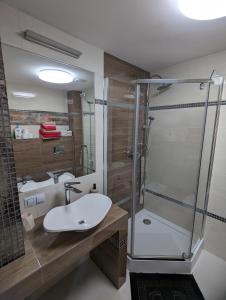 a bathroom with a glass shower and a sink at Makowy domek in Maków Podhalański
