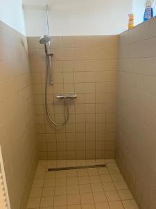 a shower with a hose in a tiled bathroom at Charmantes Fachwerkhaus im Münsterland in Drensteinfurt