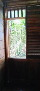 a window in a cabin with a view of the woods at Hotel Ecologico Makalombia in La Macarena