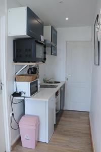 Beau studio proche gare في Gagny: مطبخ صغير مع حوض وميكروويف