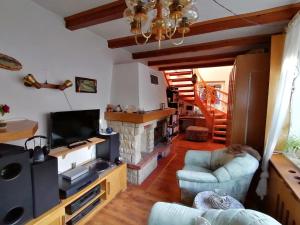 a living room with a tv and a fireplace at Ferien im Haus am Waldrand in Freital
