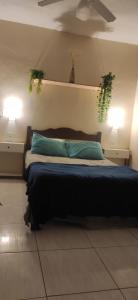 sypialnia z łóżkiem z dwoma roślinami na ścianie w obiekcie Tardeli Suite dos anjos com sacada w mieście Arraial do Cabo