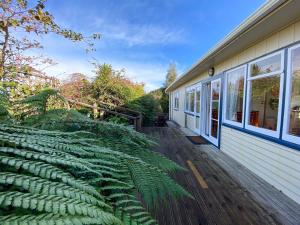 a large green plant on a deck next to a house at Kauri Villas in Parua Bay