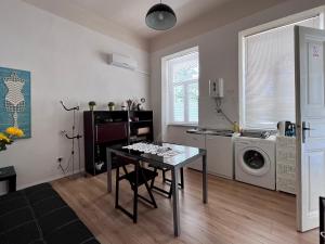 een keuken met een tafel en een wasmachine bij Apartment Platana in Rijeka