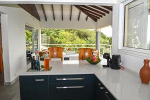 uma cozinha com uma grande janela e uma bancada em Villa Grenade (haut) - Vue mer et Fort-De-France em Sainte-Luce