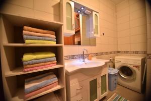 a bathroom with a sink and a washing machine at Apartment Sarajevo Center Drvenija in Sarajevo