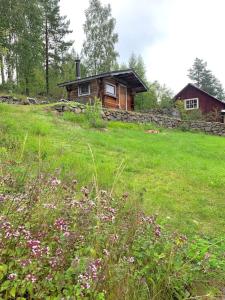 una cabaña de madera en una colina con un campo de hierba en Egen stuga och vedeldad bastu en Linghed