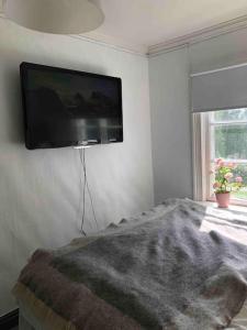1 dormitorio con TV de pantalla plana en la pared en Egen stuga och vedeldad bastu en Linghed