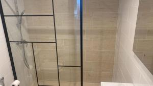 a shower with a glass door in a bathroom at Valdellera VI in Posada de Llanes