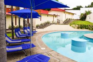 Hotel Campestre Santa Clara في San Juan Bautista Tuxtepec: مجموعة من الكراسي الزرقاء والمظلات بجانب المسبح