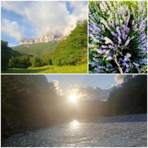 three different pictures of the sun and a mountain at Chambre indépendante in Die