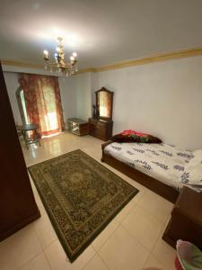 een slaapkamer met een bed en een tapijt bij شقة مفروشة بالمهندسين محيط نادي الصيد موقع متميز 3غرف نوم مكيفة بالكامل in Caïro