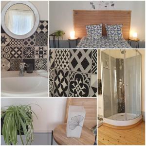 un collage de fotos de un dormitorio y un baño en Chambre indépendante en Die