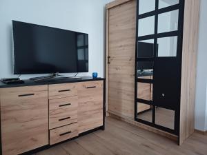 a living room with a television on a wooden dresser at Wlen Rynek II in Wleń