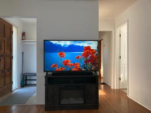 y TV de pantalla plana en una sala de estar. en Luckin Retreat with Large Backyard, en Trenton