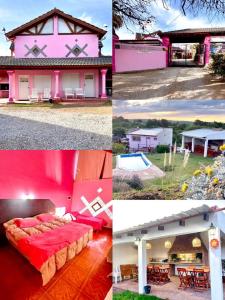 um grupo de quatro fotos de uma casa rosa em Cabañas & Apart Yki Shamuaika em Capilla del Monte