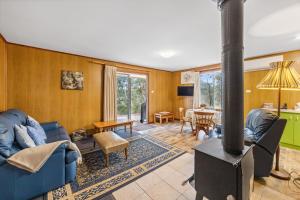 a living room with a wood burning stove at Clare Valley Cabins in Clare