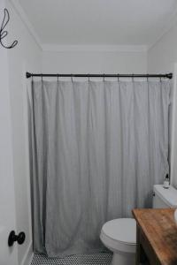 a bathroom with a shower curtain and a toilet at Dream On – Style & Comfort Near Historic Downtown in Panama City