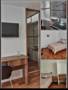 duas fotografias de uma cozinha e um quarto com um lavatório em Spondylus em Huanchaco