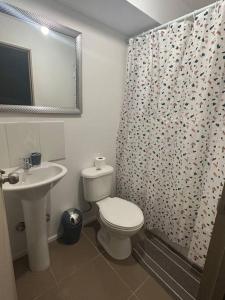 a bathroom with a toilet and a sink and a shower curtain at Apartamento Central Quillota con estacionamiento in Quillota