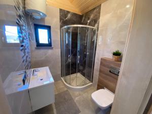 a bathroom with a shower and a sink and a toilet at Holiday cottages, Wicie in Wicie