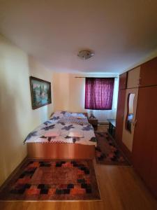 een kleine slaapkamer met een bed en een raam bij Apartament cu 3 camere in Bălan
