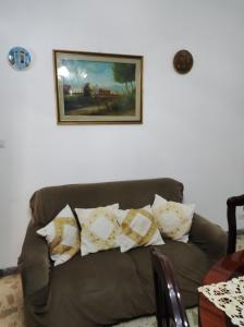 Casal Sottano的住宿－Delizioso appartamento al centro di Bosco SAN GIOVANNI A PIRO，客厅配有带枕头的沙发。