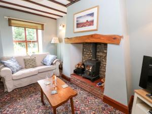 a living room with a couch and a fireplace at Mordon Moor Cottage in Stockton-on-Tees