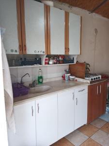 eine Küche mit weißen Schränken und einem Waschbecken in der Unterkunft KIR EVI/BAG EVI 