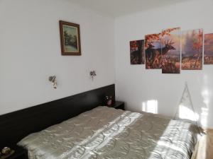 - une chambre avec un lit et deux photos sur le mur dans l'établissement Apartament Harmony in Monastery complex, à Pamporovo