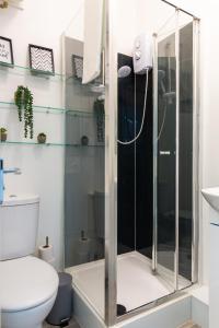 uma cabina de duche na casa de banho com WC em Cosy Central Studio Apartment Zone 2 (4) em Londres