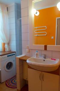 łazienka z umywalką i pralką w obiekcie Domek w Narewce w mieście Narewka