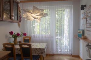 jadalnia ze stołem i oknem w obiekcie Domek w Narewce w mieście Narewka