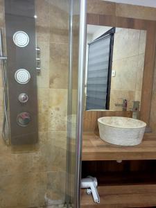 La salle de bains est pourvue d'un lavabo et d'un miroir. dans l'établissement un gîte dans la cité, à Carcassonne