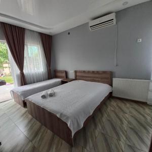 a bedroom with two beds and a dog laying on the bed at Anna 2 in Kobuleti
