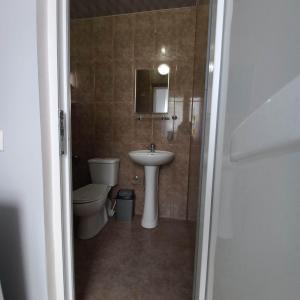 a bathroom with a sink and a toilet and a mirror at Anna 2 in Kobuleti