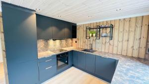 a kitchen with blue cabinets and wooden walls at Storekleiv Hyttefelt Tuddal in Tuddal