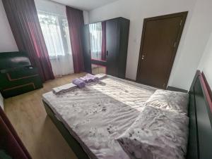 ein Schlafzimmer mit einem großen Bett und einem mattressvisor in der Unterkunft Апартамент Габи in Karlowo