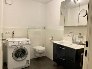 a bathroom with a washing machine and a sink at PferdeFairStand‘s Ferienwohnung 