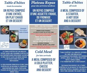 a flyer for a menu for a restaurant at B & B Les Secrets des Loges in Calais