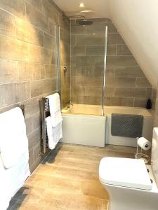 a bathroom with a toilet and a bath tub at Number 8 in Midhurst