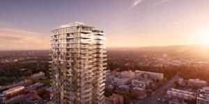 a rendering of a tall building in a city at Luxury Top Level 1 Bedroom Apartment with Stunning View in Adelaide CBD - 1 minute walk to Rundle mall - Free Wifi & Netflix in Adelaide