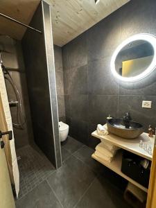 a bathroom with a sink and a toilet and a mirror at Résidence Spa Les Louettes 4 étoiles à Sapinhaut Canton du Valais in Saxon
