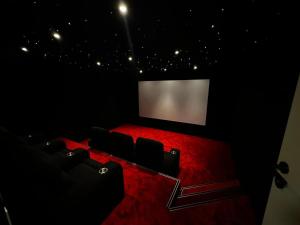 a theater room with a red carpet and a screen at Résidence Spa Les Louettes 4 étoiles à Sapinhaut Canton du Valais in Saxon