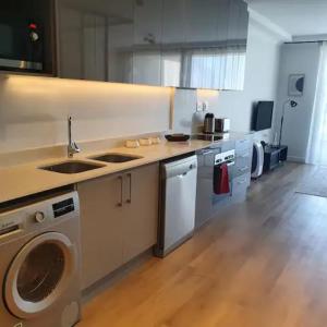 a kitchen with a sink and a washing machine at Newlands Peak - Spacious one-bed apartment in Cape Town