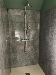 La salle de bains est pourvue d'une douche avec un pommeau de douche. dans l'établissement Bed and Breakfast Bakrust, met privé sauna Putten, à Putten