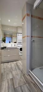 een grote keuken met douche en wastafel bij Silberblick Ferienwohnungen - aussergewöhnlich & familienfreundlich in Grächen