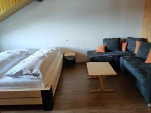ein Wohnzimmer mit einem Bett und einem Sofa in der Unterkunft Hotel Furka in Oberwald
